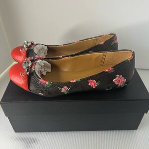 Coach Leila Floral ballet flats brown bright red cap toe size‎ 5.5 NIB